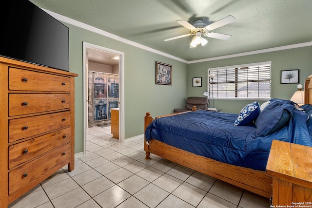 bedroom featuring a textured ceiling, crown molding, and light tile patterned floors