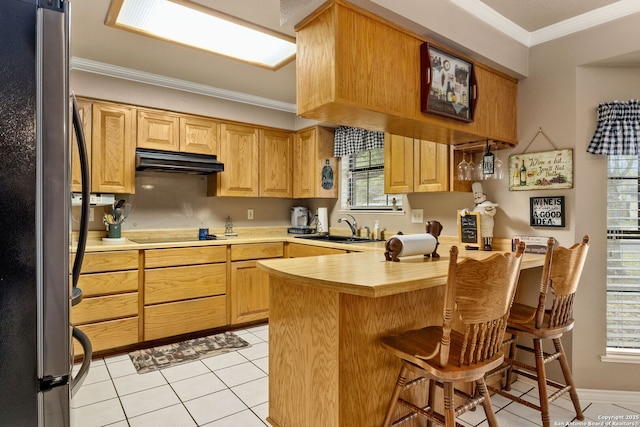 kitchen featuring crown molding, a sink, freestanding refrigerator, a peninsula, and under cabinet range hood
