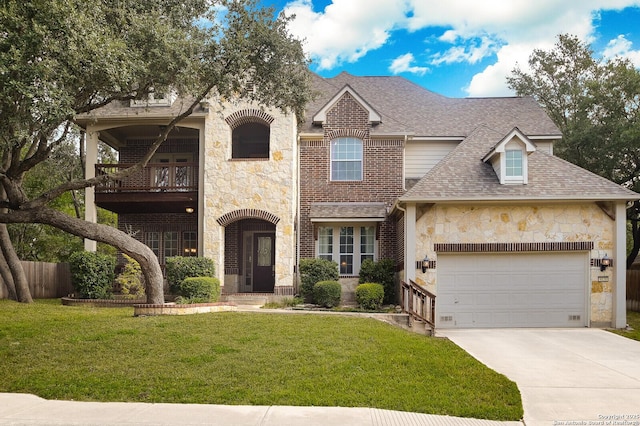 4630 Grass Fight, San Antonio, TX 78253 - view of front of property featuring a balcony, a shingled roof, stone siding, and a front lawn