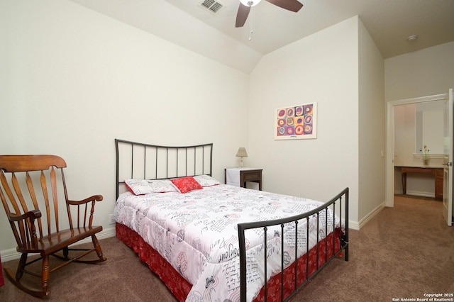 4630 Grass Fight, San Antonio, TX 78253 - carpeted bedroom featuring ceiling fan, baseboards, lofted ceiling, and visible vents
