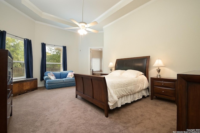 4630 Grass Fight, San Antonio, TX 78253 - carpeted bedroom with a ceiling fan, a raised ceiling, a towering ceiling, and crown molding