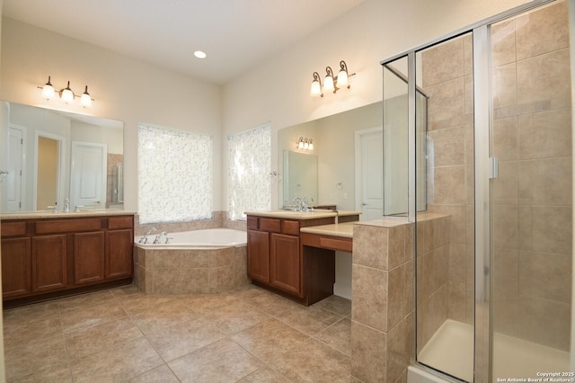 4630 Grass Fight, San Antonio, TX 78253 - full bath with a bath, a shower stall, two vanities, a sink, and tile patterned flooring