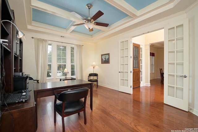 4630 Grass Fight, San Antonio, TX 78253 - office area with coffered ceiling, dark wood-style flooring, french doors, and a ceiling fan