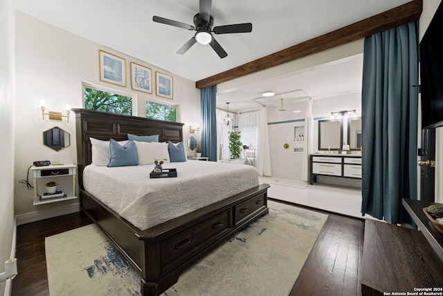bedroom featuring baseboards, beamed ceiling, ceiling fan, and hardwood / wood-style floors