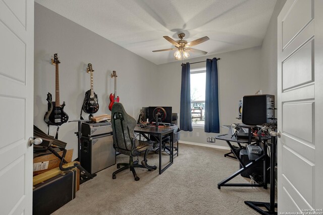 office with a ceiling fan, carpet floors, and baseboards