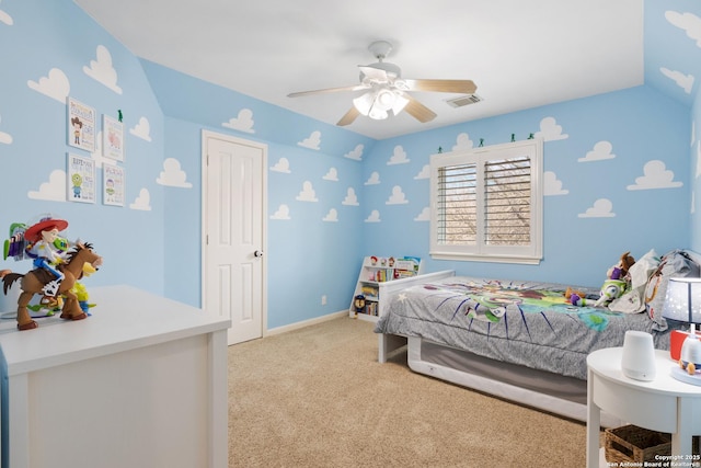 bedroom with a ceiling fan, carpet floors, baseboards, and visible vents