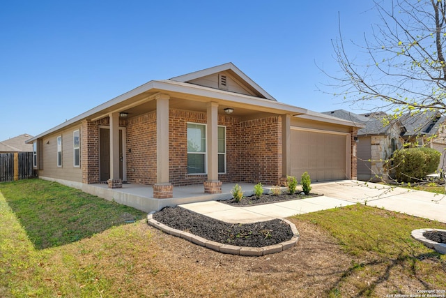 2297 Olive Hl, New Braunfels, TX 78130 - view of front facade featuring concrete driveway, fence, an attached garage, a front yard, and brick siding