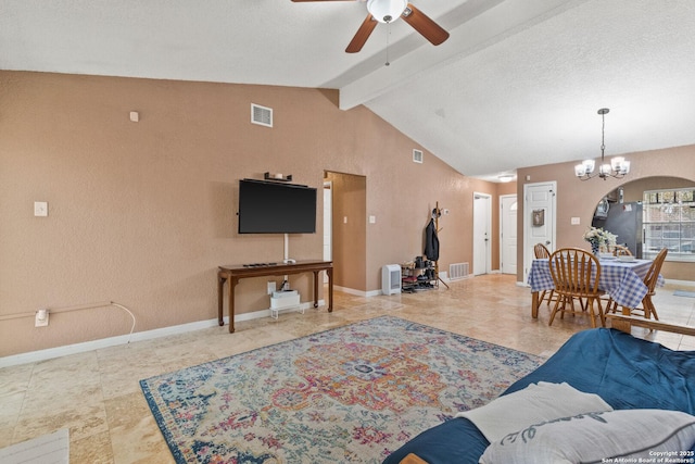 living room with baseboards, vaulted ceiling with beams, visible vents, and ceiling fan with notable chandelier