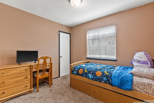 bedroom with carpet flooring, a textured wall, and a textured ceiling