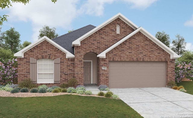 view of front facade with driveway, a front yard, an attached garage, and brick siding