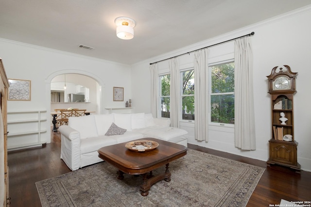 living area featuring visible vents, crown molding, and wood finished floors