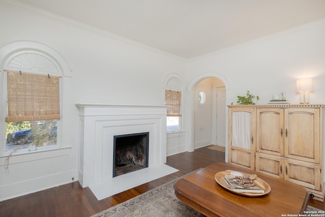 living area with ornamental molding, arched walkways, a fireplace with flush hearth, and dark wood finished floors