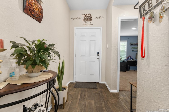 foyer entrance with dark wood-style floors and baseboards