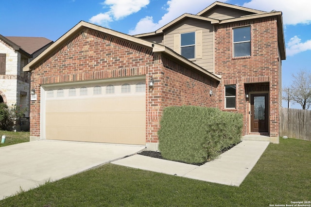 traditional-style home with brick siding, driveway, a garage, and fence