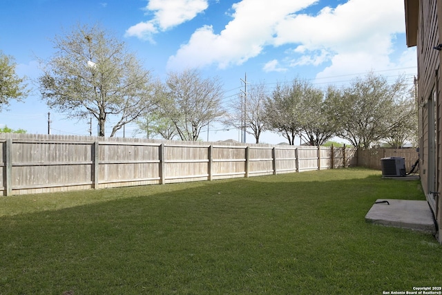 view of yard featuring central AC unit and a fenced backyard