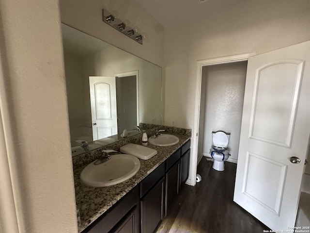 bathroom with double vanity, a sink, baseboards, and wood finished floors
