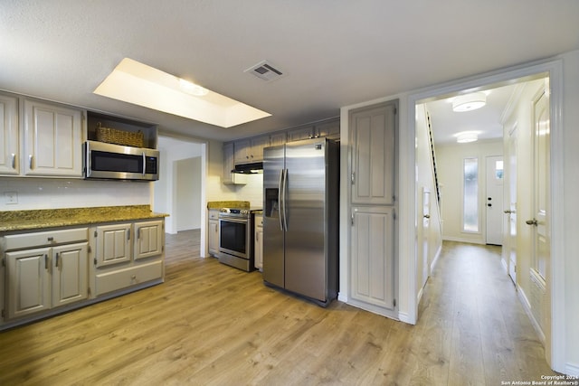 kitchen with gray cabinets, light wood finished floors, appliances with stainless steel finishes, under cabinet range hood, and visible vents