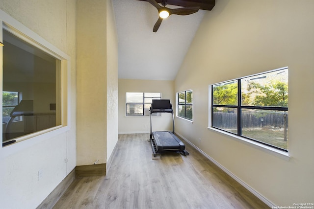 exercise area featuring baseboards, high vaulted ceiling, wood finished floors, and a ceiling fan