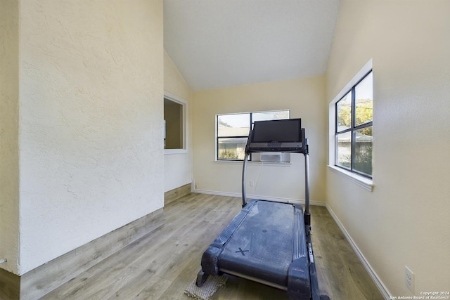 workout area featuring baseboards, lofted ceiling, and wood finished floors