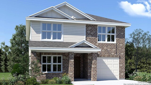 1134 Western Whipbird, San Antonio, TX 78253 - view of front facade featuring concrete driveway, brick siding, board and batten siding, and an attached garage