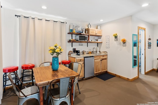 kitchen featuring a sink, open shelves, dishwasher, stainless steel microwave, and recessed lighting