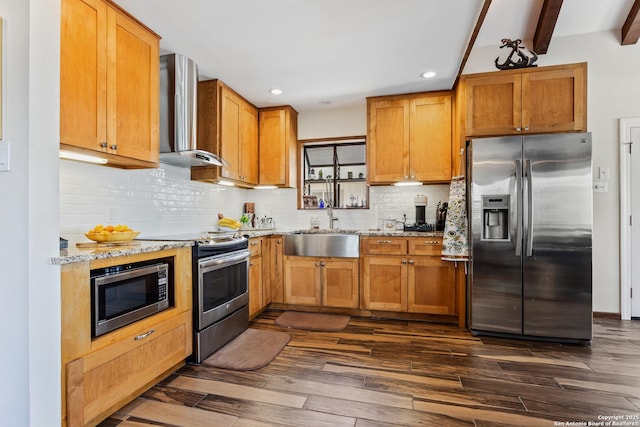 kitchen with wall chimney range hood, a sink, stainless steel appliances, and dark wood finished floors