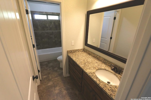 full bath with vanity, a bath, toilet, and a shower