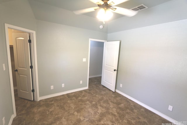 unfurnished bedroom with carpet floors, a ceiling fan, baseboards, and visible vents