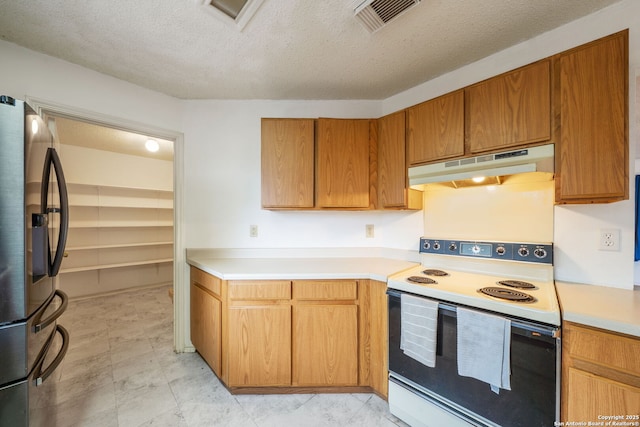 9911 Alexa Pl, San Antonio, TX 78251 - kitchen with light countertops, visible vents, under cabinet range hood, electric stove, and stainless steel fridge with ice dispenser