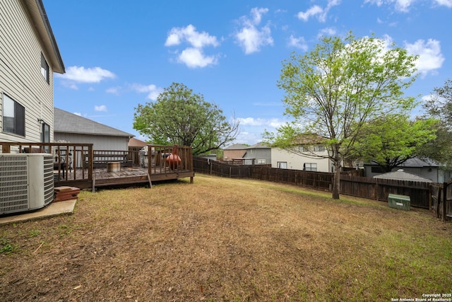 9911 Alexa Pl, San Antonio, TX 78251 - view of yard featuring cooling unit, a wooden deck, and a fenced backyard