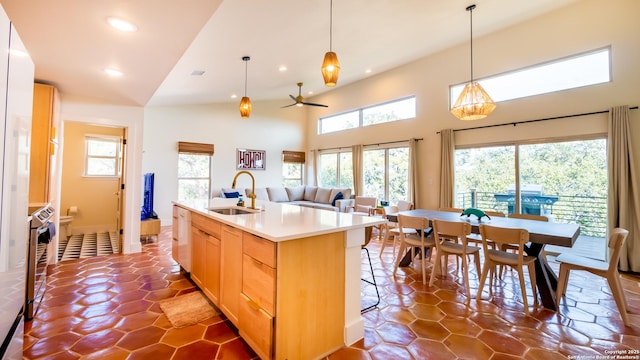 kitchen with a sink, plenty of natural light, recessed lighting, and oven