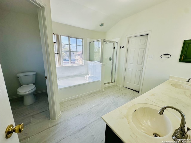 1064 Maltese Ln, San Antonio, TX 78260 - full bath with a sink, a bath, vaulted ceiling, and a shower stall