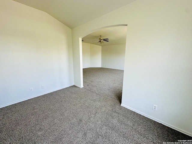 1064 Maltese Ln, San Antonio, TX 78260 - carpeted empty room featuring a ceiling fan, arched walkways, baseboards, and lofted ceiling