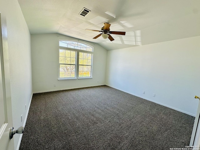 1064 Maltese Ln, San Antonio, TX 78260 - unfurnished room featuring dark carpet, vaulted ceiling, baseboards, visible vents, and ceiling fan