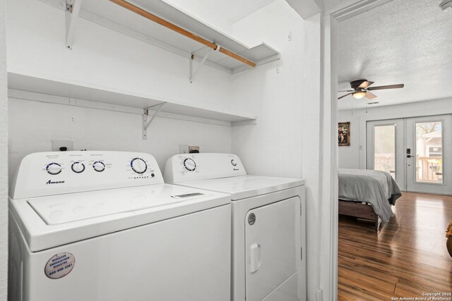 314 Trail, San Antonio, TX 78212 - laundry area featuring french doors, washing machine and clothes dryer, ceiling fan, laundry area, and wood finished floors