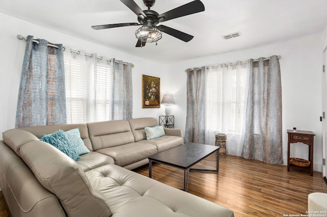 314 Trail, San Antonio, TX 78212 - living room featuring visible vents, ceiling fan, and wood finished floors