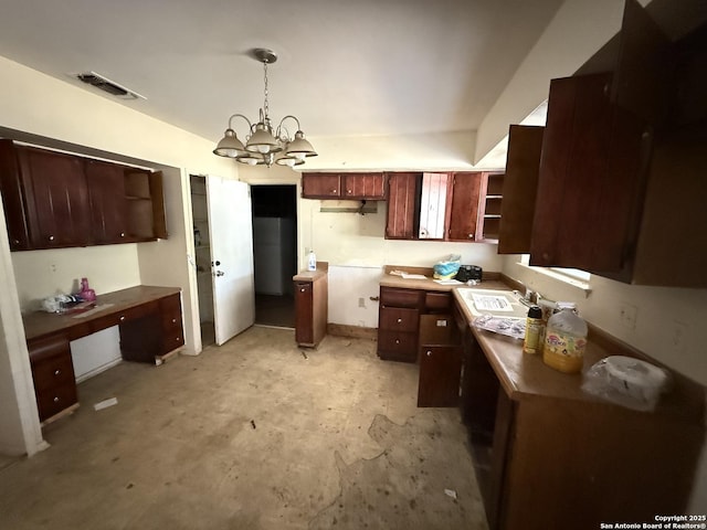 5119 Village Ct, San Antonio, TX 78218 - kitchen with visible vents, a sink, decorative light fixtures, open shelves, and an inviting chandelier