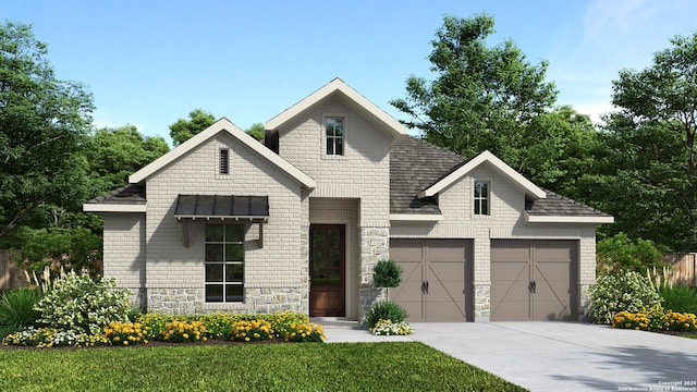 276 Haby Holw, San Antonio, TX 78253 - view of front of home with an attached garage, stone siding, driveway, a front yard, and brick siding
