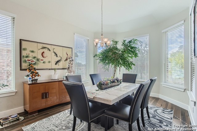 dining room with baseboards, a chandelier, and wood finish floors