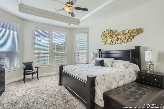 bedroom with baseboards, ornamental molding, a ceiling fan, carpet floors, and a tray ceiling