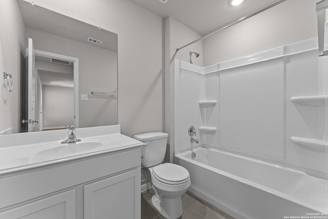 full bathroom featuring vanity, shower / bathing tub combination, visible vents, and toilet