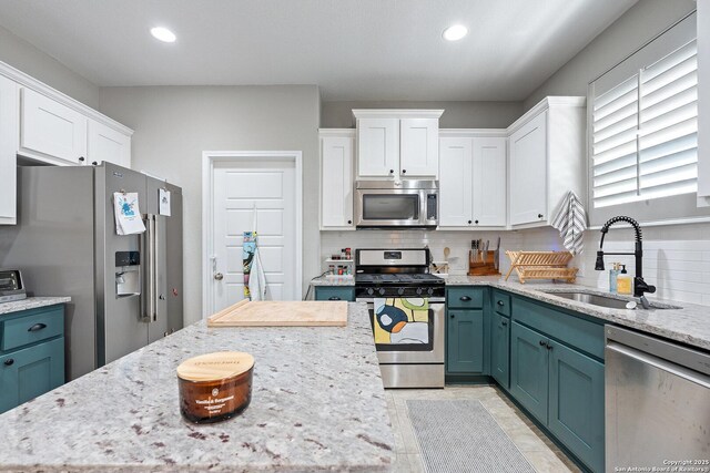 kitchen featuring white cabinetry, decorative backsplash, a sink, and stainless steel appliances