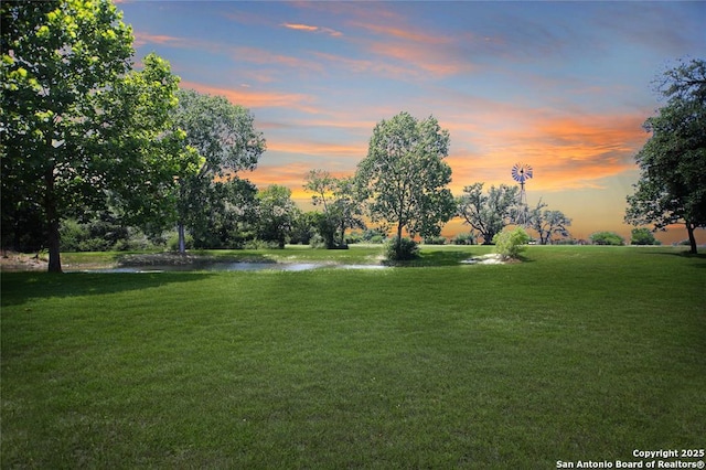 view of property's community featuring a lawn and a water view