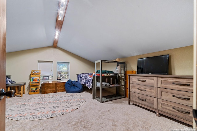 carpeted bedroom featuring vaulted ceiling with beams