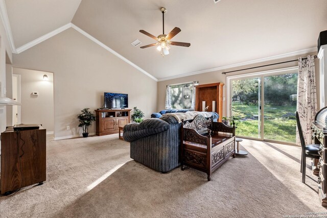 carpeted living area with high vaulted ceiling, visible vents, crown molding, baseboards, and ceiling fan