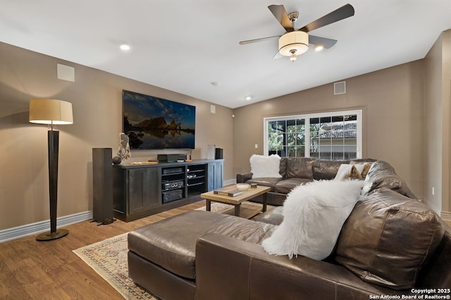 112 Coventry Ln, Terrell Hills, TX 78209 - living room with a ceiling fan, baseboards, lofted ceiling, and wood finished floors