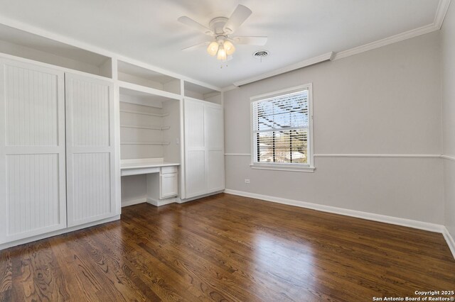 112 Coventry Ln, Terrell Hills, TX 78209 - unfurnished bedroom with baseboards, built in study area, dark wood-style floors, and visible vents
