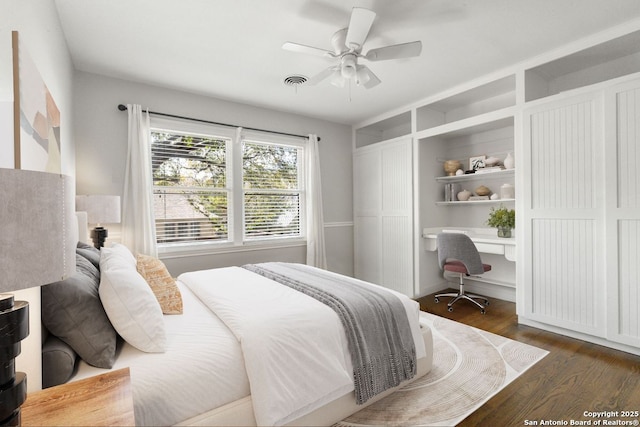 112 Coventry Ln, Terrell Hills, TX 78209 - bedroom featuring dark wood-style flooring, ceiling fan, and visible vents