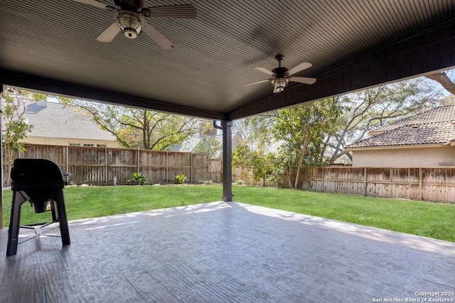 112 Coventry Ln, Terrell Hills, TX 78209 - view of patio / terrace with a fenced backyard, area for grilling, and ceiling fan