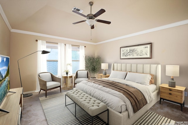 bedroom featuring dark colored carpet, baseboards, lofted ceiling, and visible vents